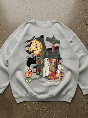 Halloween Spooky House Moon Pumpkin Graphic Cotton Gildan Sweatshirt